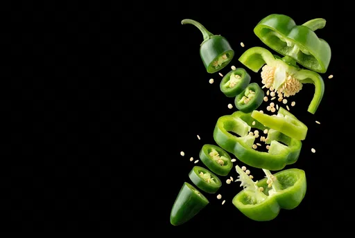 Floating Sliced Green Peppers on Black