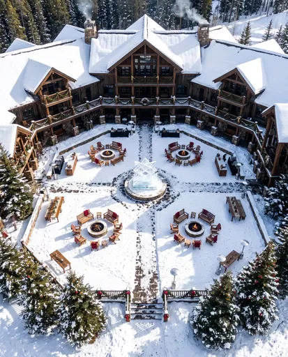 Snowy Alpine Lodge Courtyard Aerial View