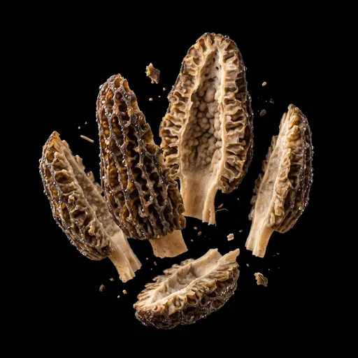 Floating Sliced Morel Mushrooms on Black