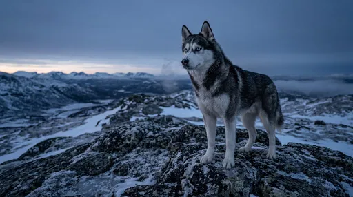 Siberian Husky on Snowy Mountain Ridge