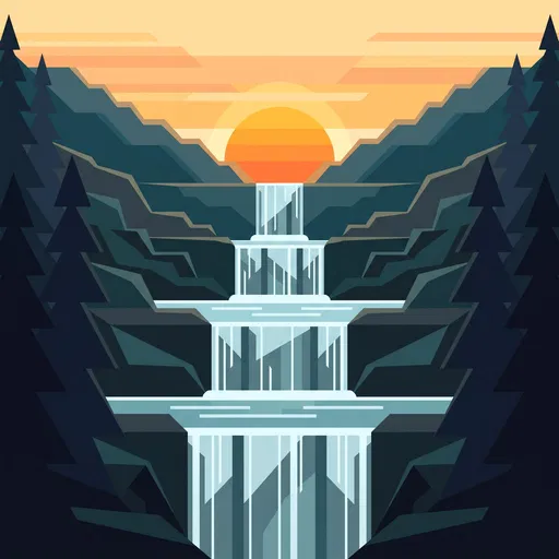 Geometric Sunset Waterfall Landscape Illustration