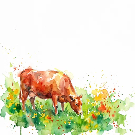 Watercolor Cow Grazing in Summer Meadow