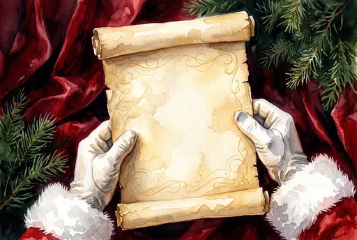 Watercolor Santa Hands Holding Blank Scroll
