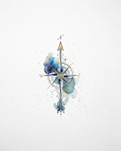 Watercolor Compass Arrow With Gold Accents