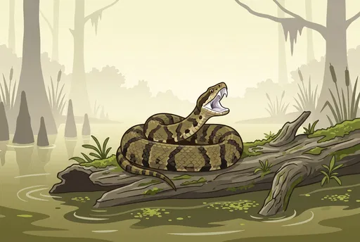 Cottonmouth Snake Coiled on Marsh Log