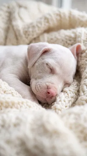 Sleeping White Puppy in Cream Blanket