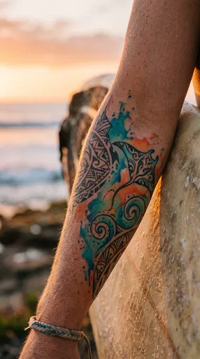 Forearm Manta Ray Watercolor Tattoo at Sunset