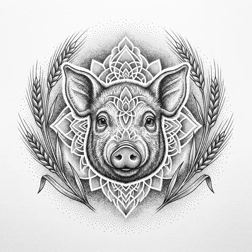 Symmetrical Stipple Ink Pig Head Illustration