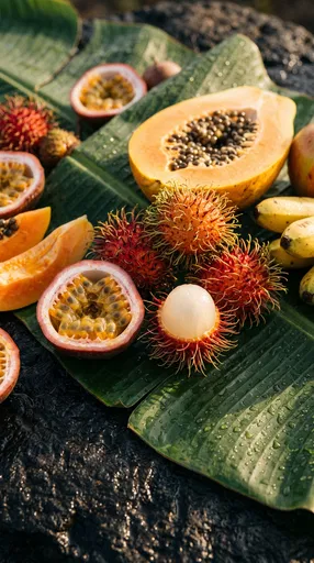 Fresh Tropical Fruit on Banana Leaf