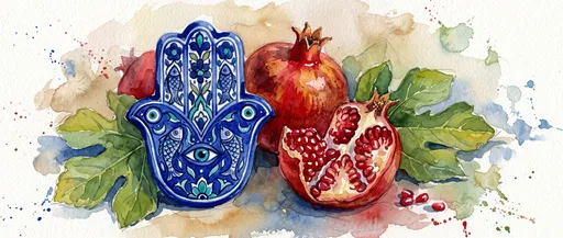 Watercolor Hamsa Amulet and Ripe Pomegranates