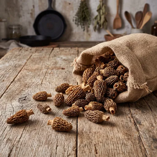 Dried Morel Mushrooms Spilling From Burlap Sack
