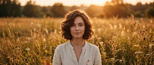 Woman With Wavy Bob in Sunset Meadow