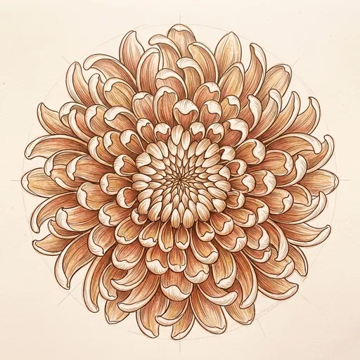 Overhead Sepia Sketch of Blooming Chrysanthemum