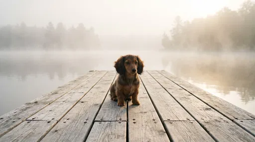 Dachshund Puppy Sitting on Misty Wooden Dock