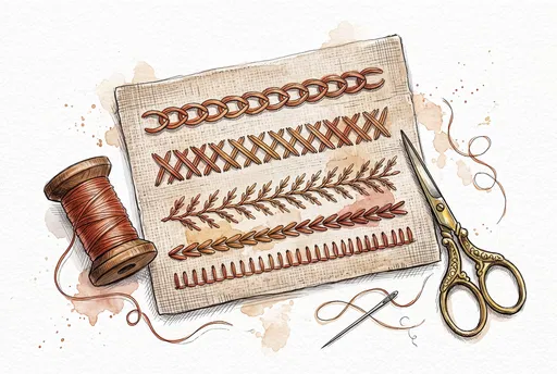 Watercolor Illustration of Embroidery Sampler and Tools