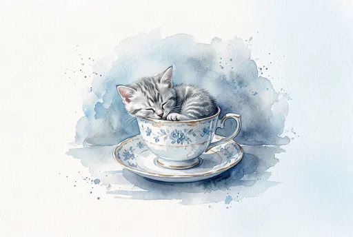 Watercolor Kitten Sleeping in Teacup