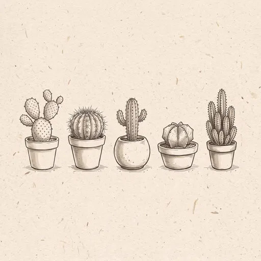 Five Potted Cacti Ink Illustration
