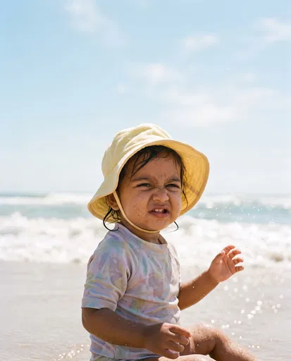 Toddler Grimacing on Sunny Beach