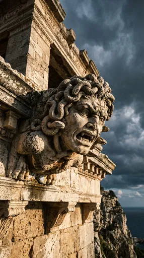 Stone Gorgon Gargoyle on Ancient Temple