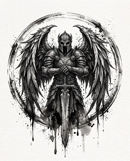 Winged Warrior Monochrome Ink Tattoo Design