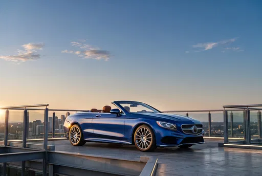 Blue Luxury Convertible on Rooftop at Sunset