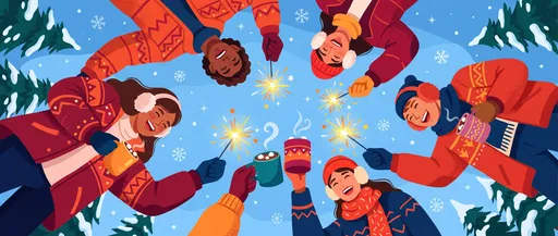 Friends Celebrating Winter With Sparklers