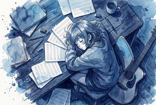 Sleeping Anime Musician Blue Watercolor Illustration
