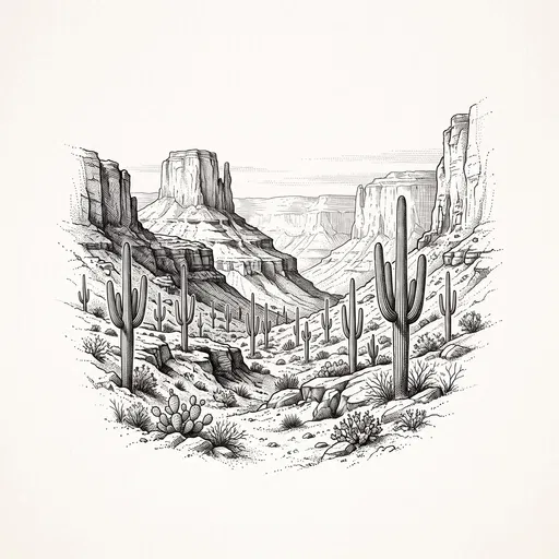 Desert Canyon Ink Drawing Vignette