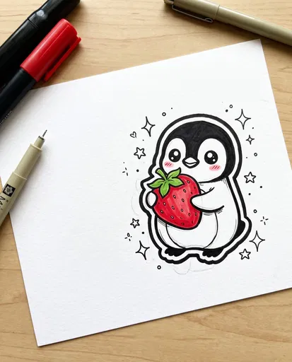 Kawaii Penguin Holding Strawberry Illustration