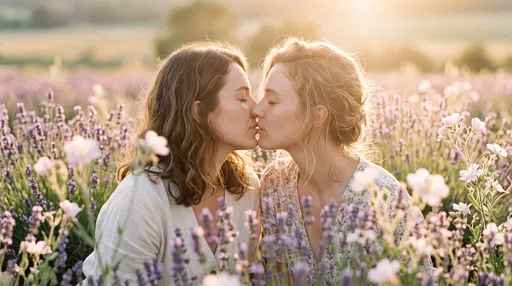 Two Women Kissing in Lavender Field
