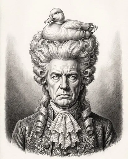 Pencil Drawing of Aristocrat With Duck on Wig
