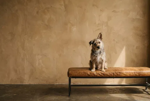 Scruffy Terrier Dog on Leather Bench