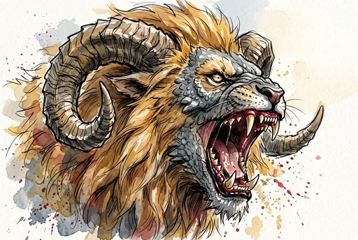 Watercolor Illustration of Roaring Chimera Monster
