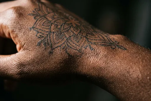 Macro Mandala Tattoo on Brown Hand