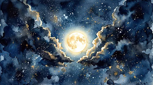 Watercolor Glowing Moon in Starry Night Sky
