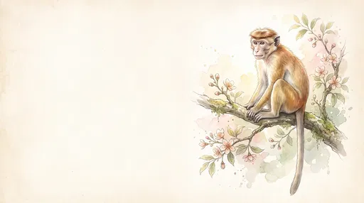 Watercolor Toque Macaque on Blossoming Branch