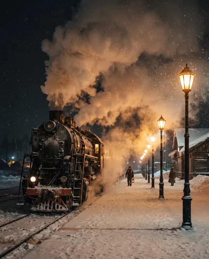 Steam Locomotive at Snowy Night Station