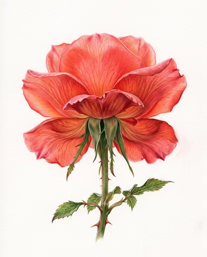 Coral Red Rose Colored Pencil Illustration
