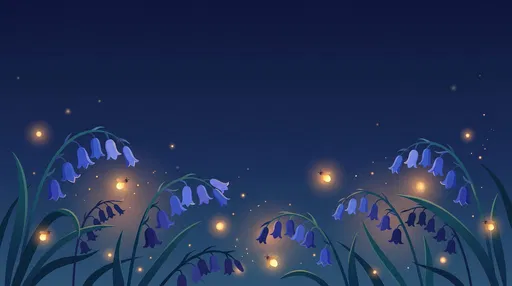 Glowing Fireflies Among Nighttime Bluebell Flowers