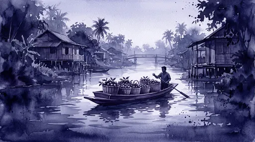 Indigo Watercolor Boat Carrying Fruit on Canal