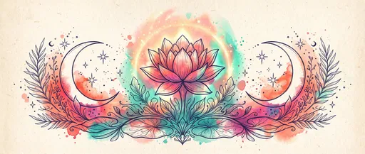 Watercolor Lotus and Crescent Moons Illustration