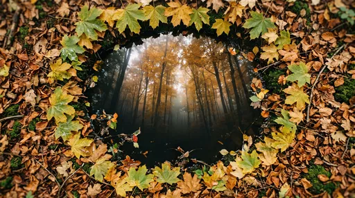 Autumn Leaves Framing Forest Puddle Reflection