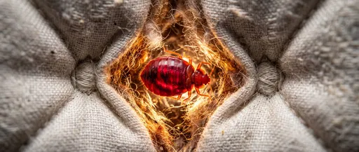 Macro Red Bed Bug in Mattress Crevice