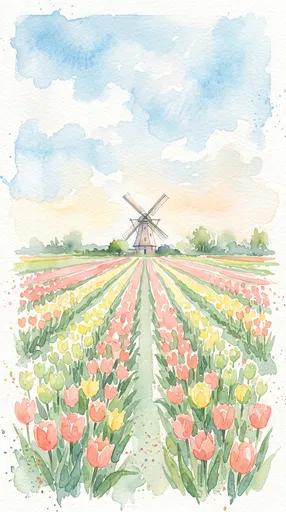 Watercolor Tulip Field and Distant Windmill