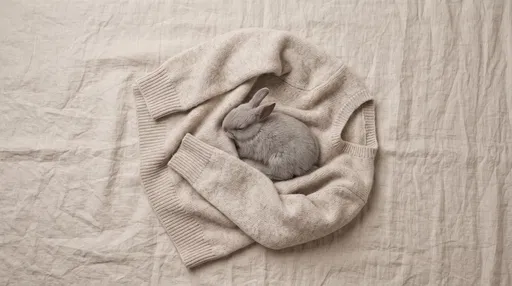 Grey Bunny Sleeping on Oatmeal Sweater