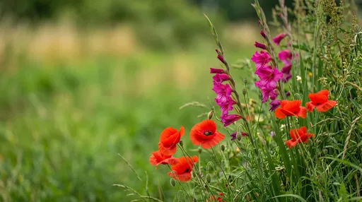 Scarlet Poppies and Magenta Gladiolus in Meadow