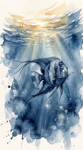 Watercolor Illustration of Blue Angelfish Underwater