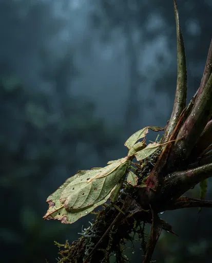 Leaf Insect on Wet Forest Stem