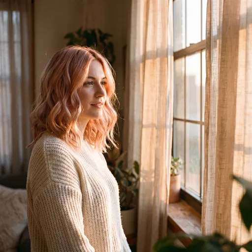 Woman With Peach Wavy Hair By Window