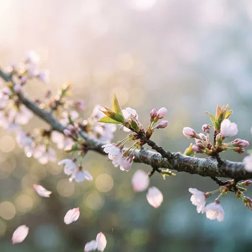 Dewy Cherry Blossom Branch in Morning Light
